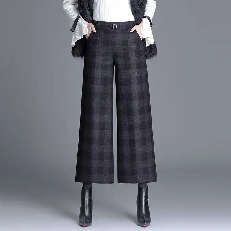 Women's Clothing Casual Printing Plaid High Waist Straight Wide Leg Pants Autumn Winter Thin Fashion Loose Vintage Ladies