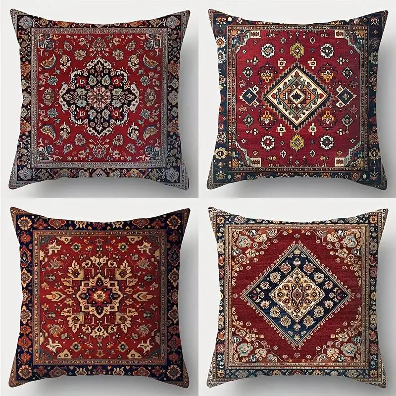 

Винтажная наволочка с узором персидского ковра — насыщенно-красная наволочка с этническим дизайном для глобального бохо-декора