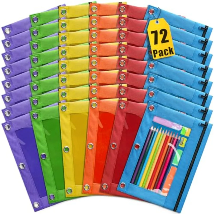 

Pencil Pouch for 3 Ring Binder, Pack Pencil Pouches with Zipper and Clear Window - 6 Assorted Color, Pencil Case Bulk for 3-Hol