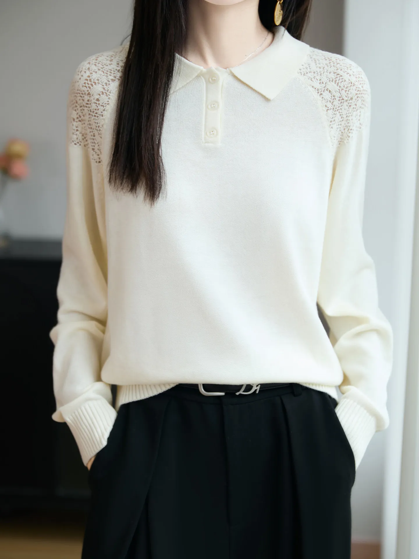 Women's Neck Knitted Sweater Loose Hook Embroidery Flip Collar Comfortable Soft Korean Style Top for Autumn Winter