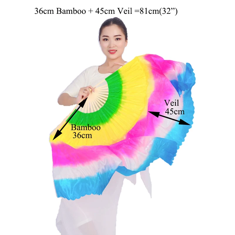 1Pair Colorful Belly Dancing Silk Bamboo Fans Veils Square Dance Short Veil Lengthen Folding Hand Fans Yangko Performance Props