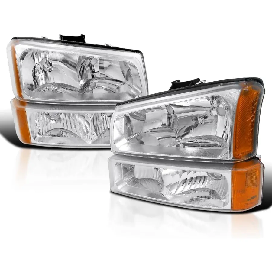 

Chrome Amber Headlights + Bumper Lights Compatible with 2003-2007 Chevy Silverado, Left + Right Pair Headlamps Assembly