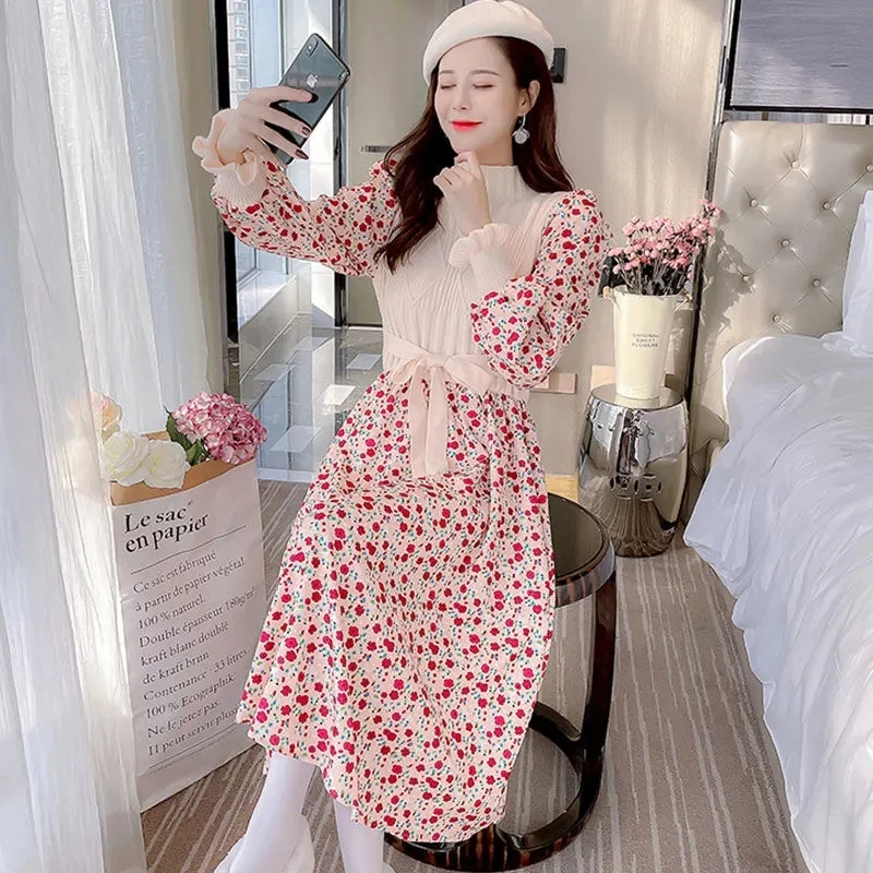 

Autumn Winter New Corduroy Dress With Knitted Stitching Of Overcoa Long Sleeve Waist Closing Bottoming Mediudm Long floral Skirt