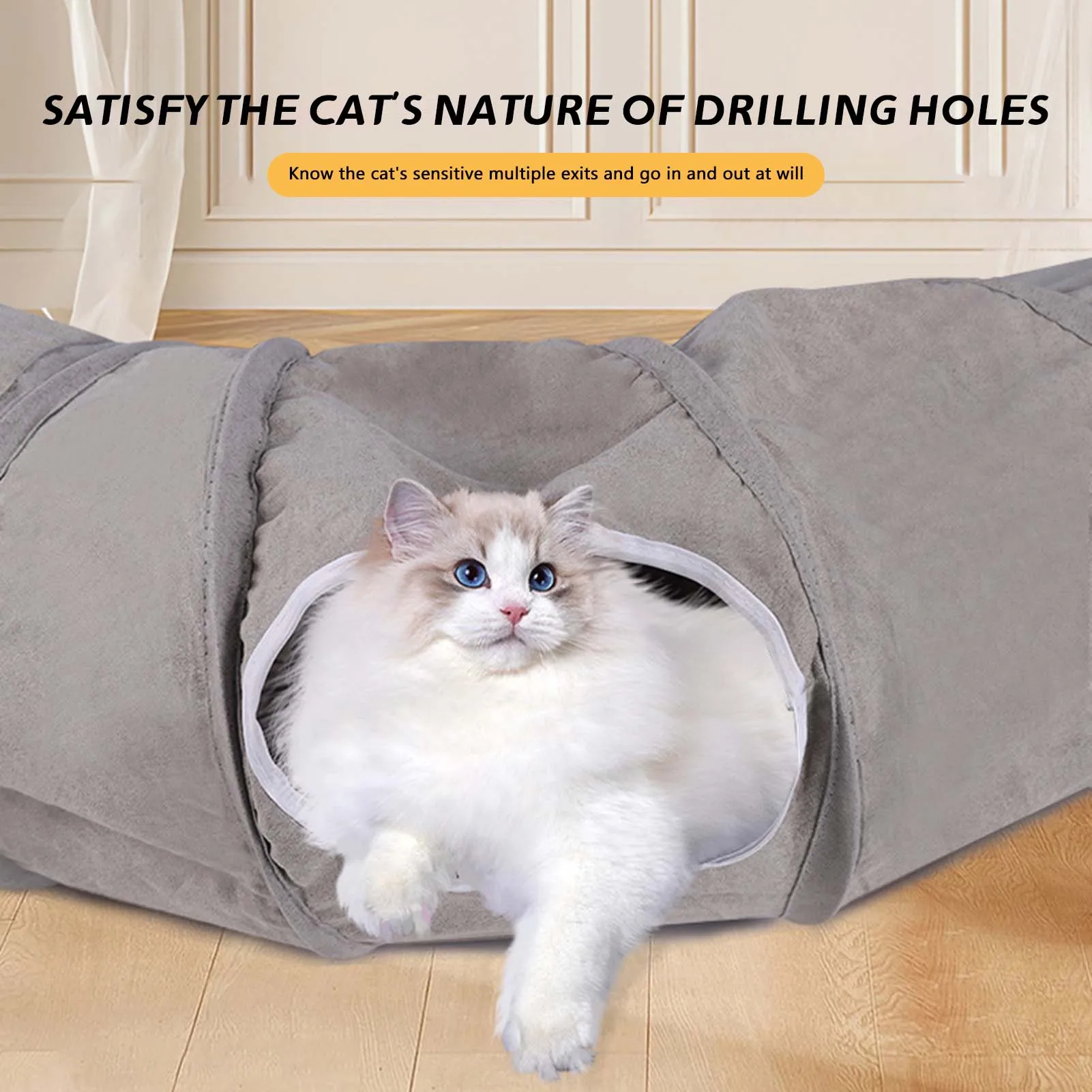 Large Cat Tunnel for Indoor Cats Foldable Fluffy Plush Cat Toys Suede Fabric 3 Ways S Shape Cat Tunnel Pet Interactive Toy