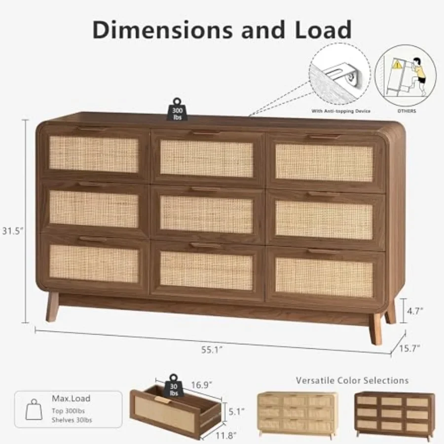 Rattan Dresser with Storage, Modern Farmhouse Dresser, 55