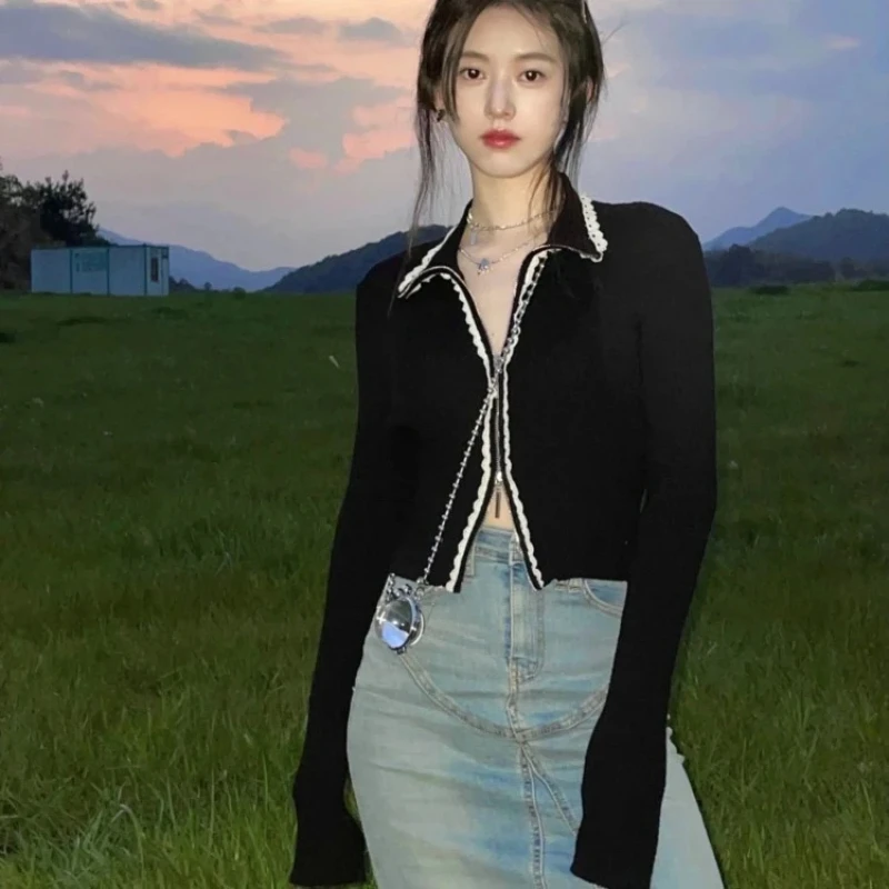 

Винтажный вязаный кардиган с лацканами, новинка осени 2024, топы с двойной молнией, женские топы Y2k E-girl, облегающие свитера с длинными рукавами Mujer