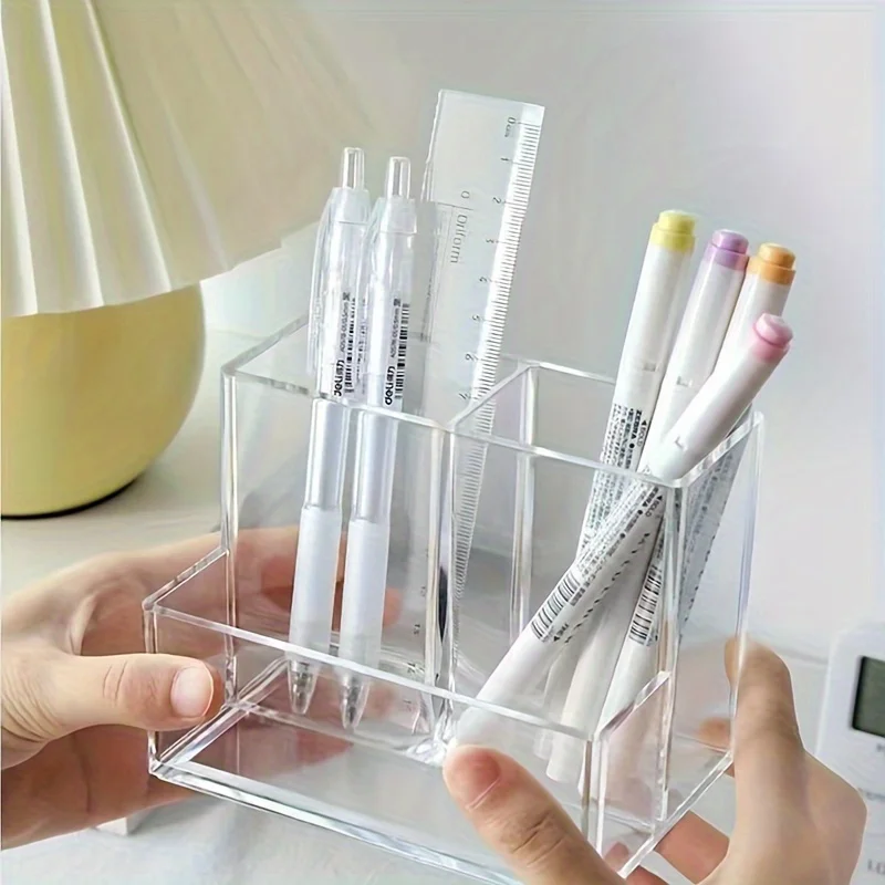 1pc Simplified Acrylic Transparent Three Grid Pen Holder Student Desktop Storage Box Office Desktop Student Storage Box