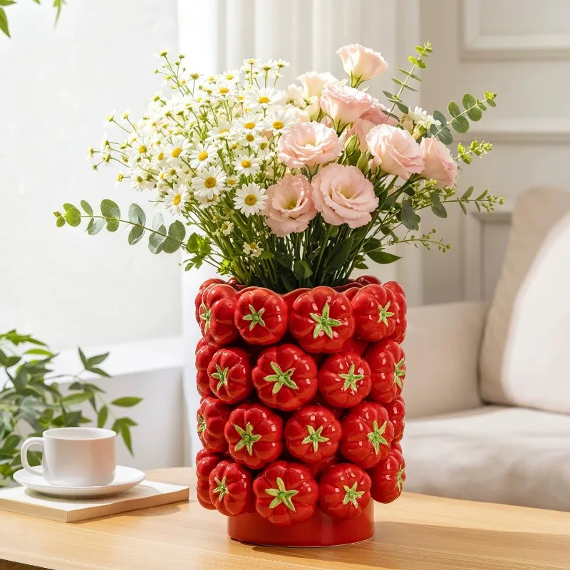Tomato-Shaped Ceramic Vase, Living Room Decorative Flower Pot, Handcrafted Porcelain Gift, Floral Arrangement Decor
