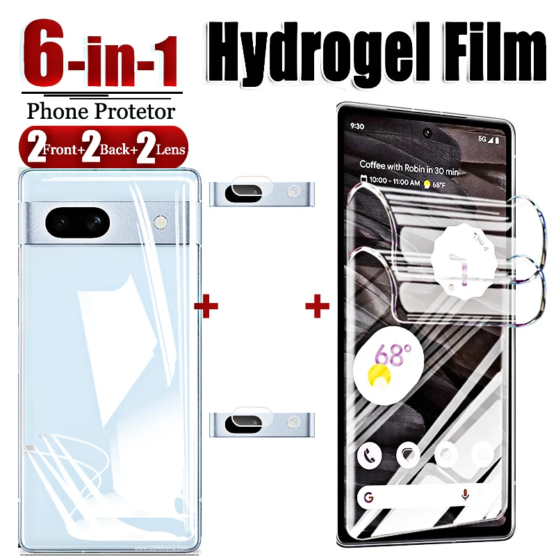 6-In-1 999D for Google Pixel 8 7 6 Pro 7a 6a 5a 4a A Soft Hydrogel Film Screen Protectors Camera Lens Glass for Goo Gle Pixel7a