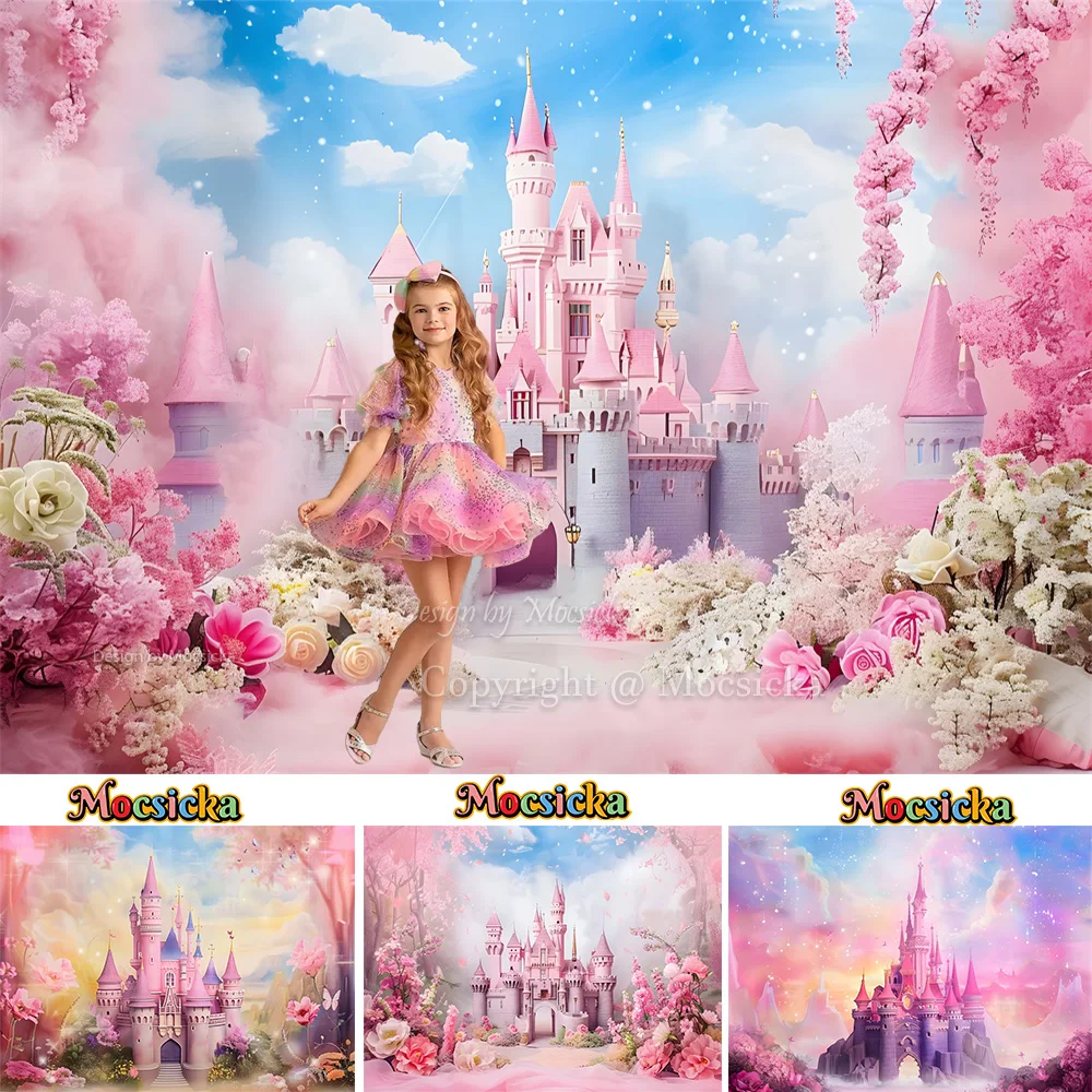 

Princess Girl Birthday Wedding Photography Background Pink Castle Floral Wonderland Backdrop Kids Cake Smash Studio Photozone