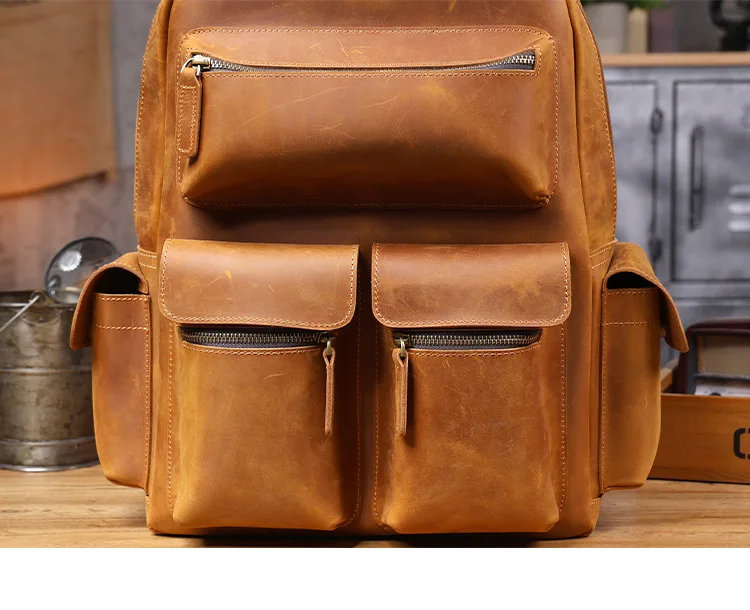 Lässige Vintage-Rucksäcke aus echtem Leder für Herren, handgefertigt, für Wochenendreisen, aus Crazy-Horse-Rindsleder, Damenrucksack mit großem Fassungsvermögen. – Detail 21