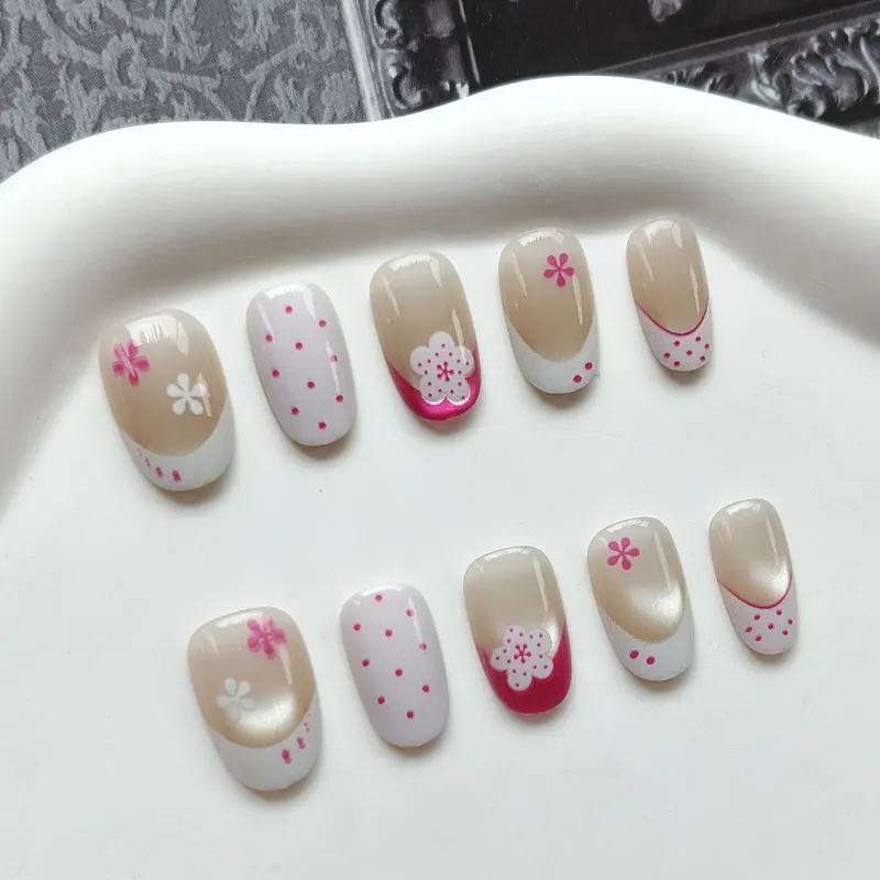 10Pcs Sweet and Girly French Manicure Red Polka Dot with Plum Blossom Press on Nails Fake Nails Gentle and Detachable Nail Patch view 2