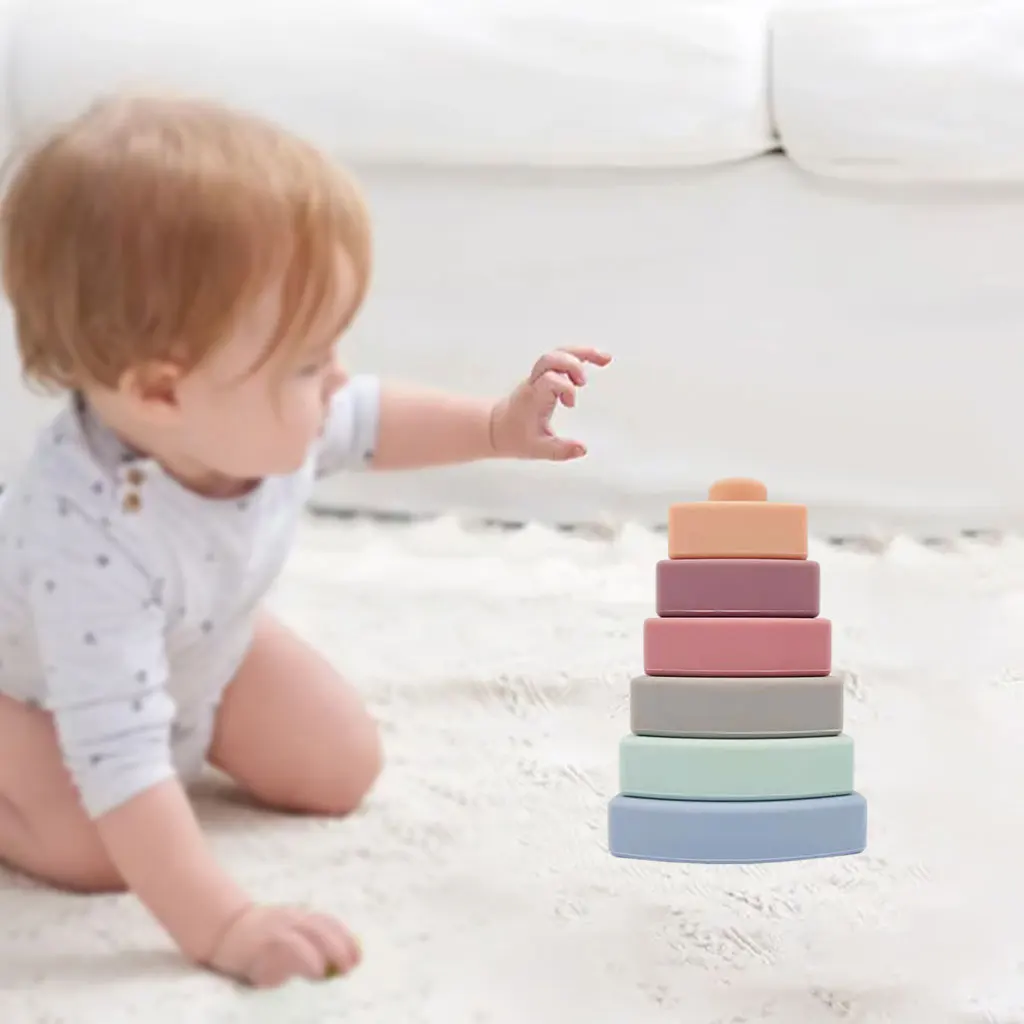 Stacking Triangle Toy Silicone Baby Blocks for Kids 3 Years Montessori Sensory Educational Color Size Recognition Learning