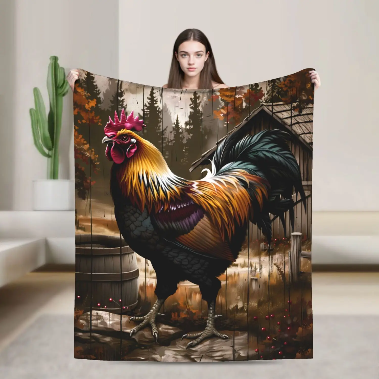 Bonita manta de franela de gallo: manta de decoración de granja de felpa suave y acogedora