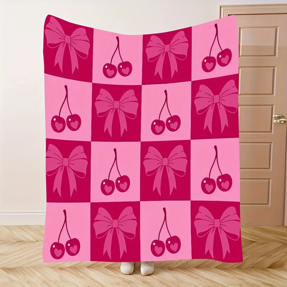 Rosa Flanelldecke mit Kirschschschleife – weich, warm, waschbar |   Gesteppte Cartoon-Haus- und Geschenkdekoration