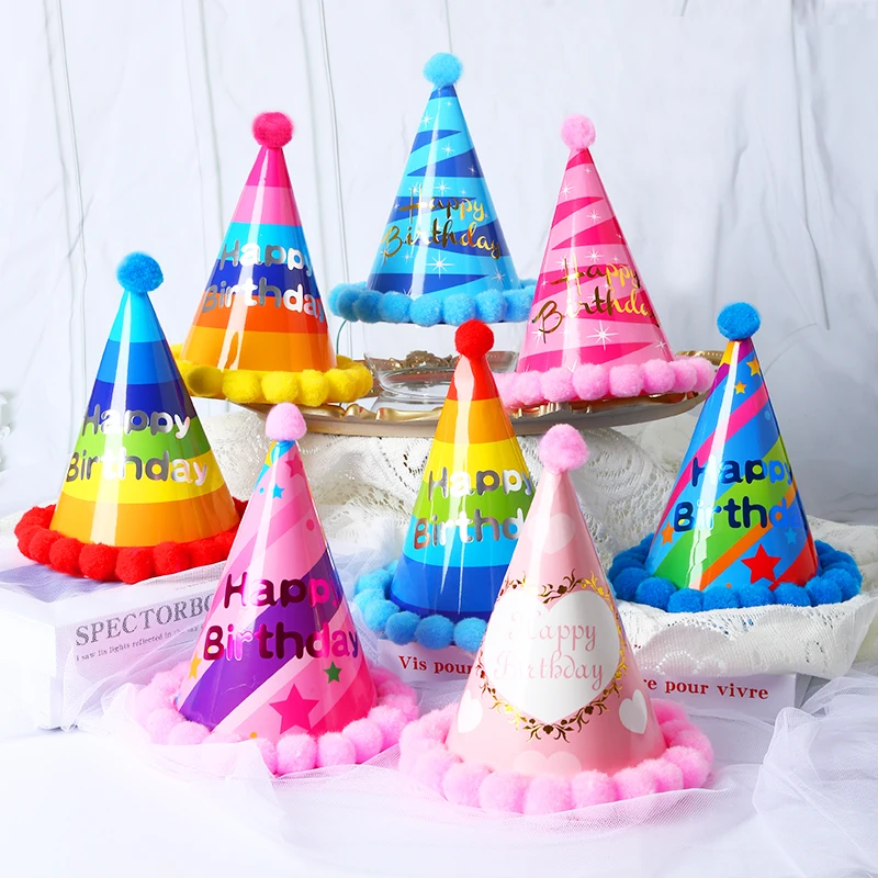 Handmade Birthday Caps Baby Kid Rainbow Birthday Party Hat Child Crown Decoration Pompon Paper Cap Cartoon Pattern Festival Gift