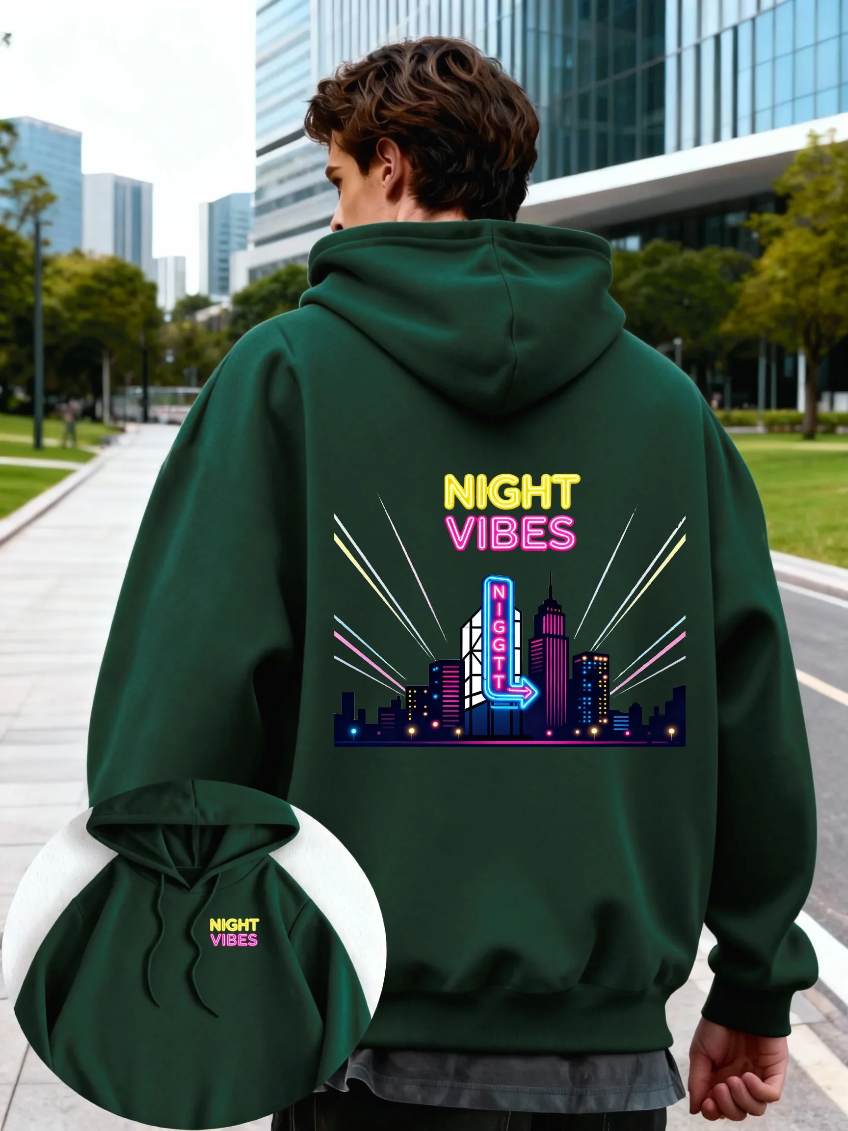 Cyberpunk Neon City Hoodie Unisex Night Vibes Double Sided Print Oversized Fleece Hooded Sweatshirt