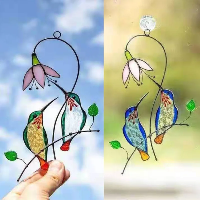 Artilady Hummingbird Home Decorations For Window Garden Lovebirds Metal Crystal Crafts Window Sun Catcher Hanging Ornaments