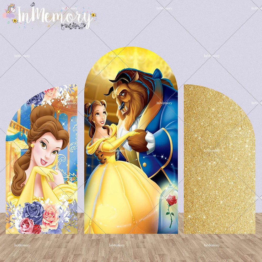 Glitter Cartoon Beauty and Beast Arch Backdrop Covers Elastic Princess Girl Birthday Photography Background