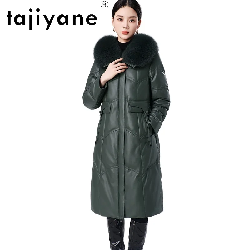 TAJIYANE 100% أعلى الحبوب جلد الغنم أسفل معطف امرأة جلد طبيعي طويل سترة منفوخة مع الثعلب الفراء طوق 2025 الملابس الشتوية