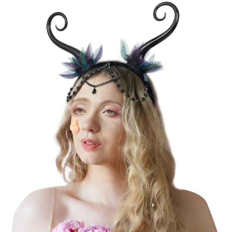 F92D Witch Horn Dark Fairy Headwear Party Sexy Headbands Devil Horn Animation Hair Hoop for Live Show Role Play