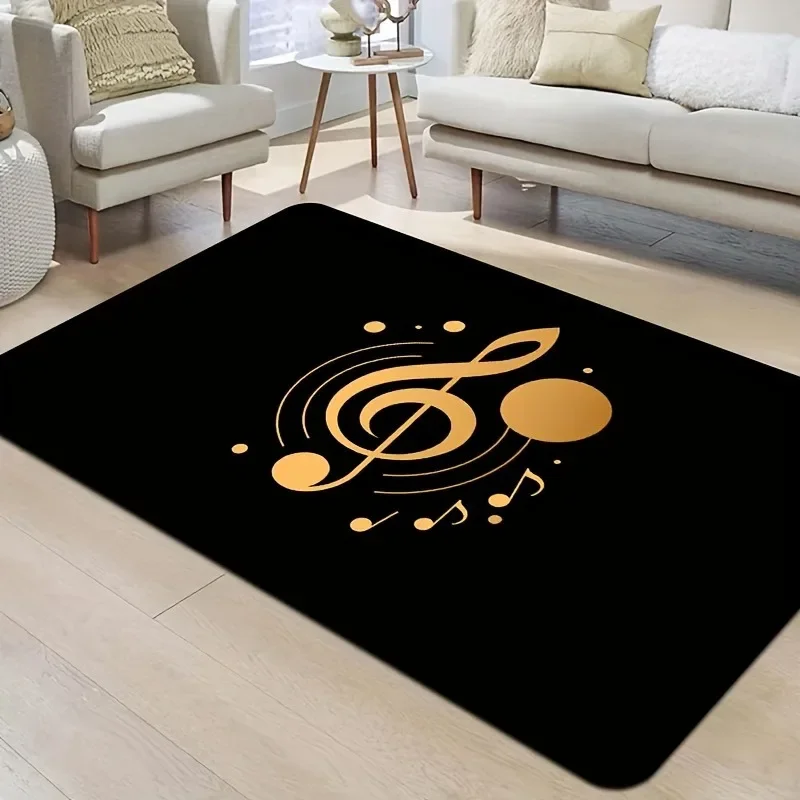 Golden Musical Notes Rug, Machine Washable PVC Backing, Bath Mat & Floor Carpet for Game Room, Bathroom, Kitchen, Entryway Decor