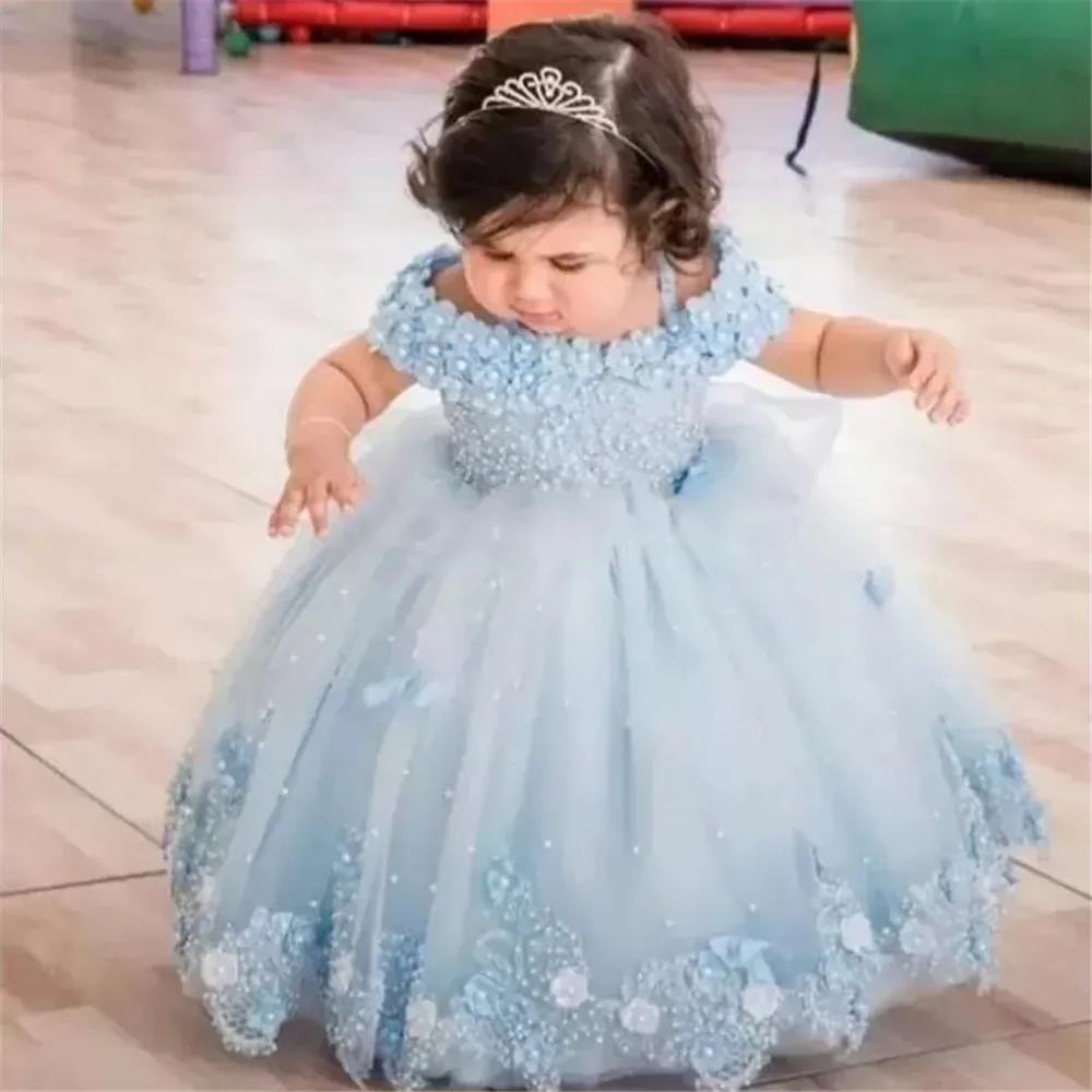 Baby Girls Dresses Off Shoulder Pearls Lace Butterflies Flower Girl Dress Infant First Birthday Party Gown