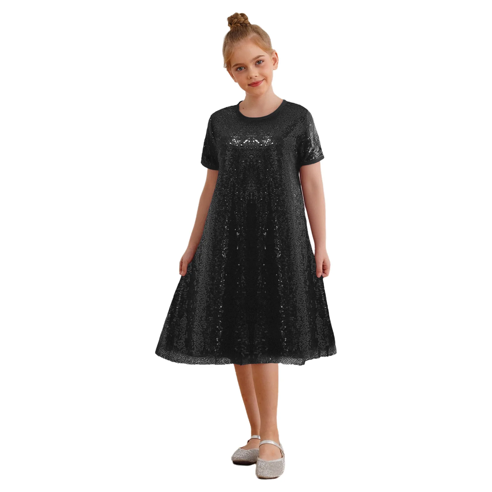 

Kids Girls Dress Summer Fashion Sparkly Sequins Round Neck Short Sleeves Princess Party Dress for Birthday Pageant Performance