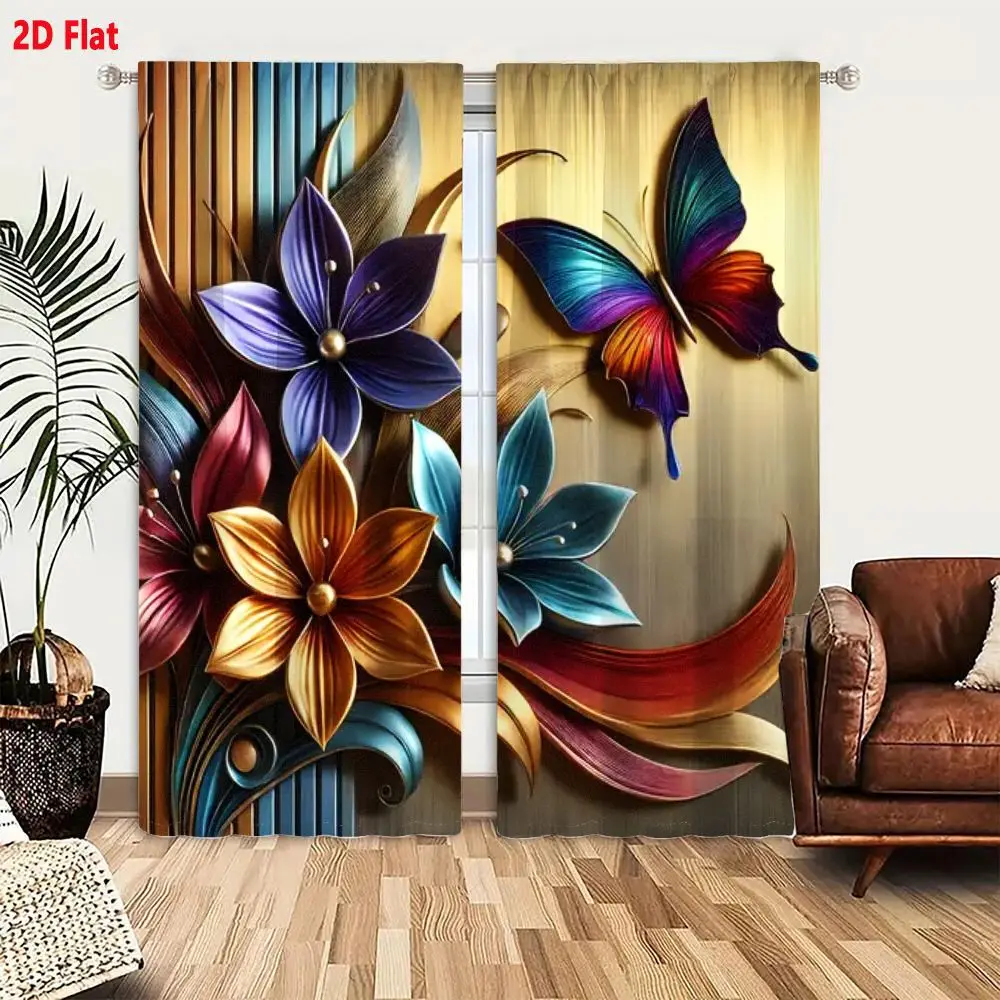 2Pcs Curtains 2D Flat Artistic Illustration Cluster Of Stylized Flowers Butterfly Golden Brown Background Vertical Blue Brown St