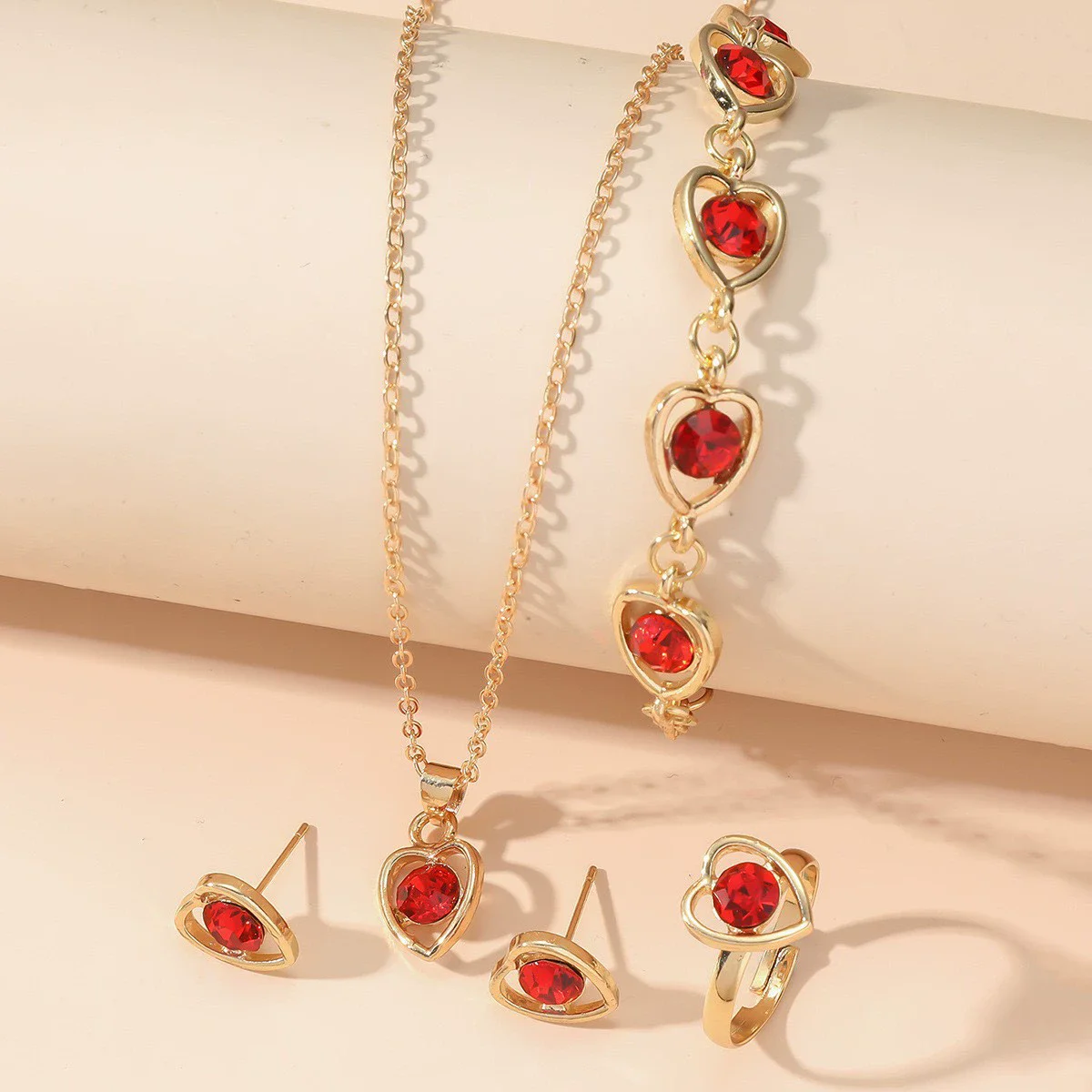 Heart Inlay Red Rhinestones Necklace Ring Bracelet Earrings for Women Jewelry Sets Wedding Party Bridesmaid Elegant Jewelry