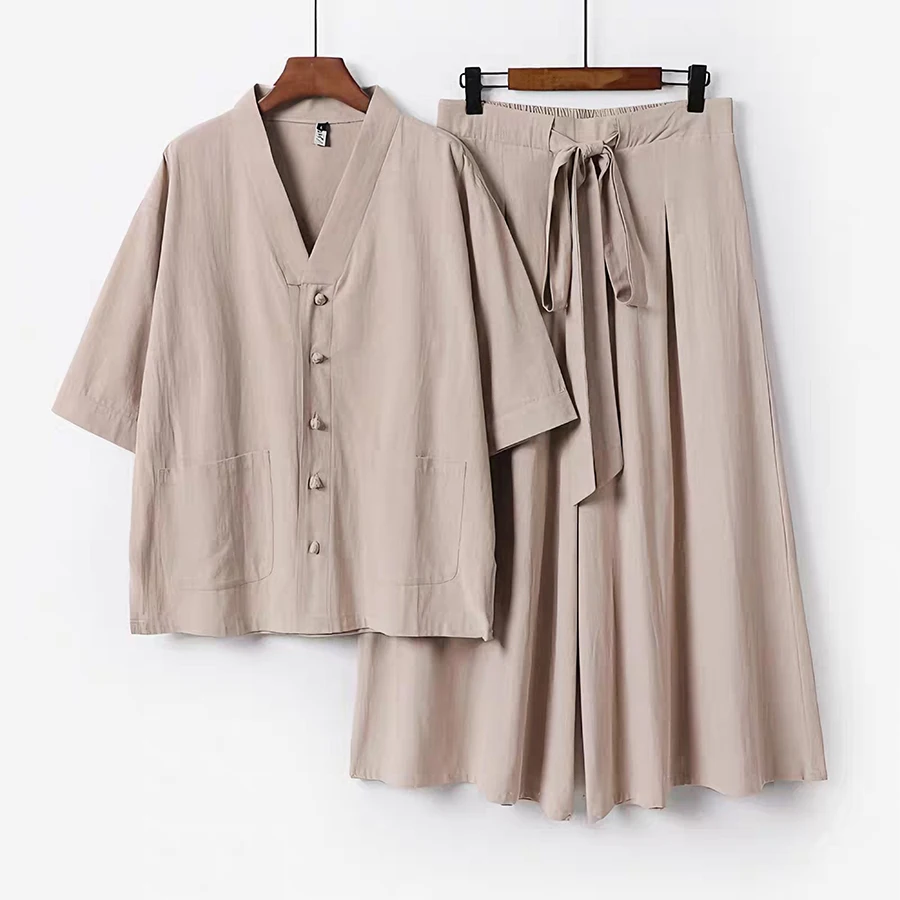 Chinese Style Hanfu Outfit Men Soft Linen Loose Kimono Top & Wide Leg Pants Breathable Casual Homewear