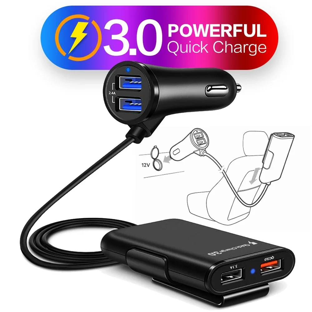 STONEGO 4-Port-USB-Autoladegerät-Adapter, 2,4 A/Port für den Vordersitz, 3,1 A/Port und Schnellladung 3.0 zum Aufladen auf dem Rücksitz