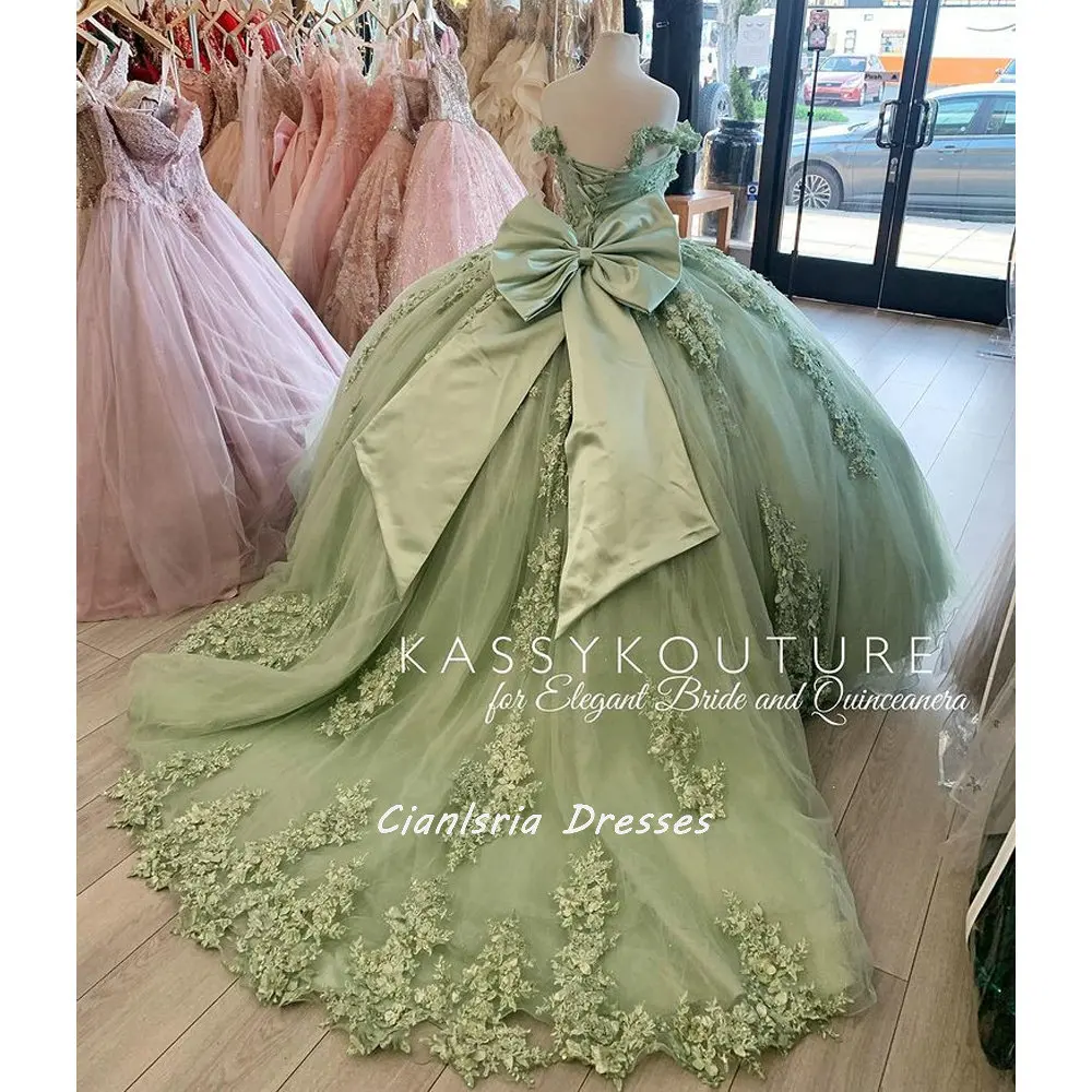 Hortelã verde fora do ombro quinceanera vestidos de baile apliques florais laço arco volta espartilho para doce 15 meninas festa