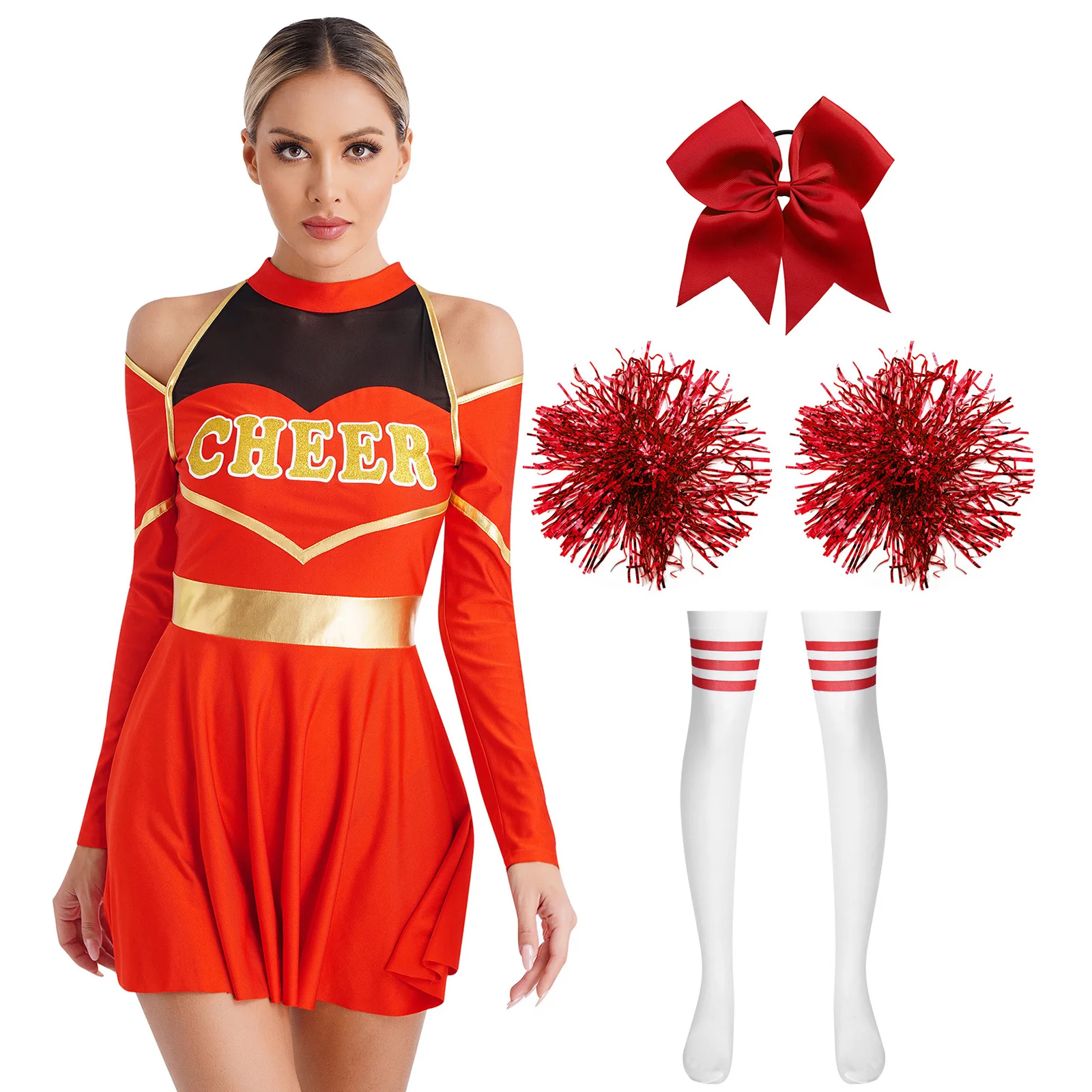 Mulheres cheerleading uniforme cheerleader traje alegria dança vestido meias bowknot faixa de cabelo bolas de flores torcendo roupas da equipe