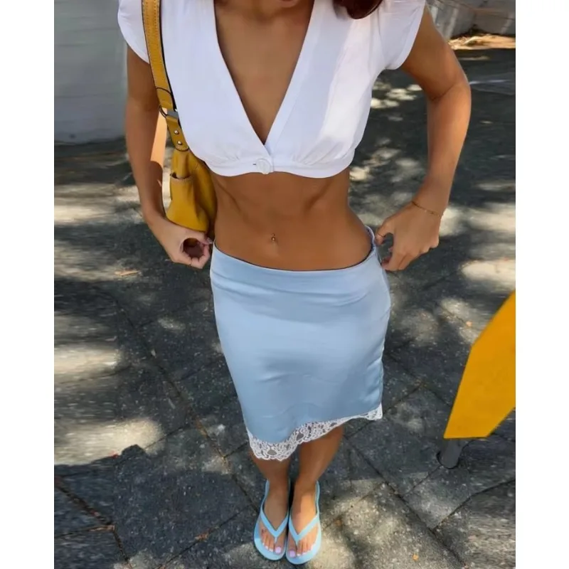 Women V Neck One Button Crop Top Summer Beach Party Tank