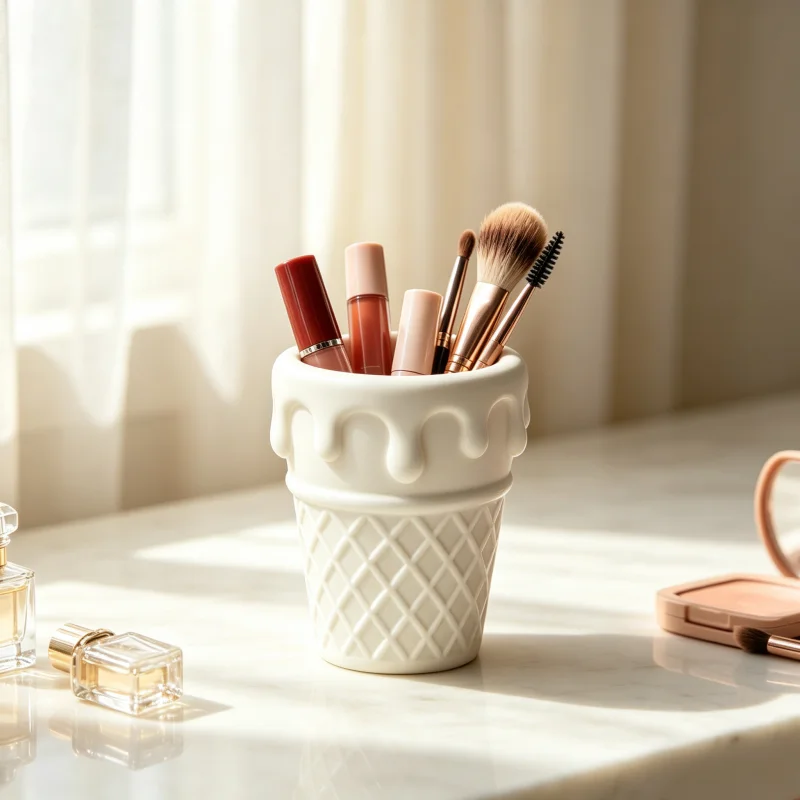 Ins-Style White Ice Cream Waffle Cone Pen Holder, Cute Makeup Brush Storage Cup, Creative Desktop Decoration, Bedroom Vanity Table Top Decoration