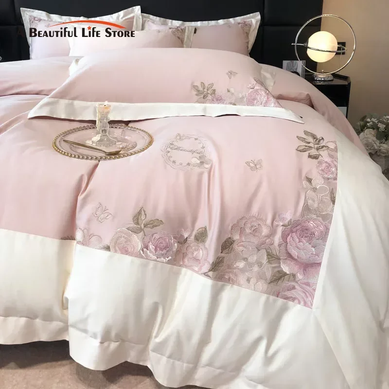 

Комплект постельного белья с вышивкой Rose Flowers, розовый Египетский хлопок 600TC, пододеяльник, простыня, простыня, наволочки, роскошь, 4 шт.