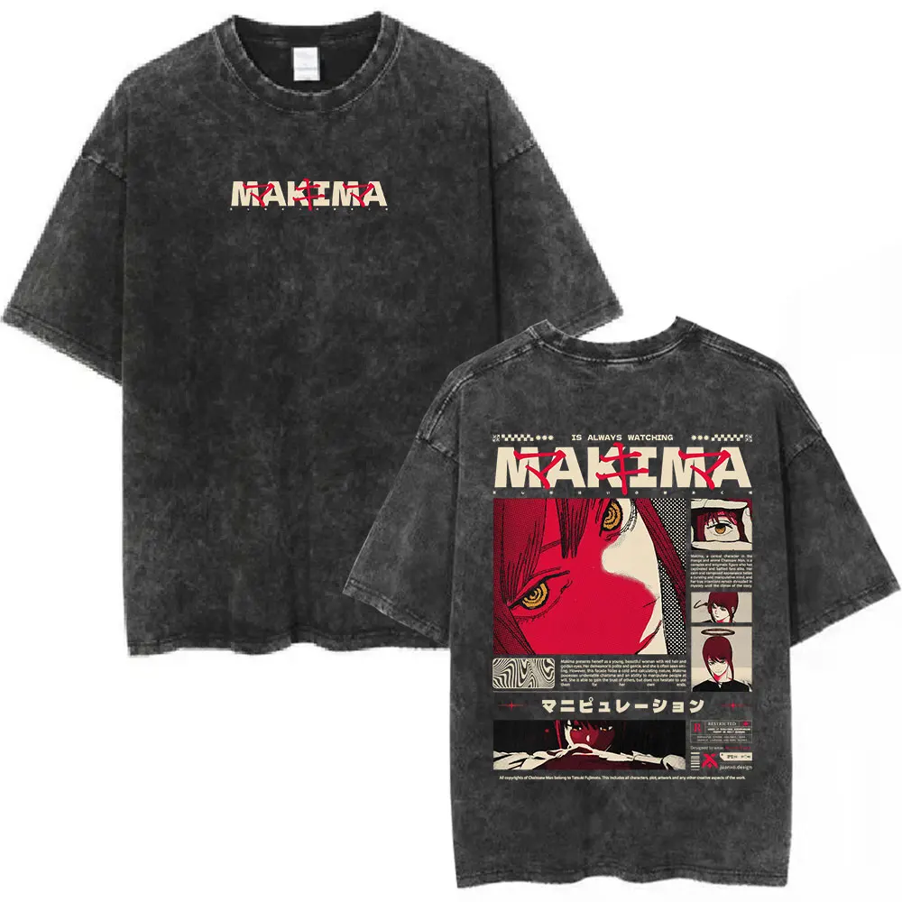 Vintage Washed Anime Chainsaw Man Makima T-shirt Men Women Clothing Fashion Short Sleeve Cotton Oversized T-shirts Streetwear