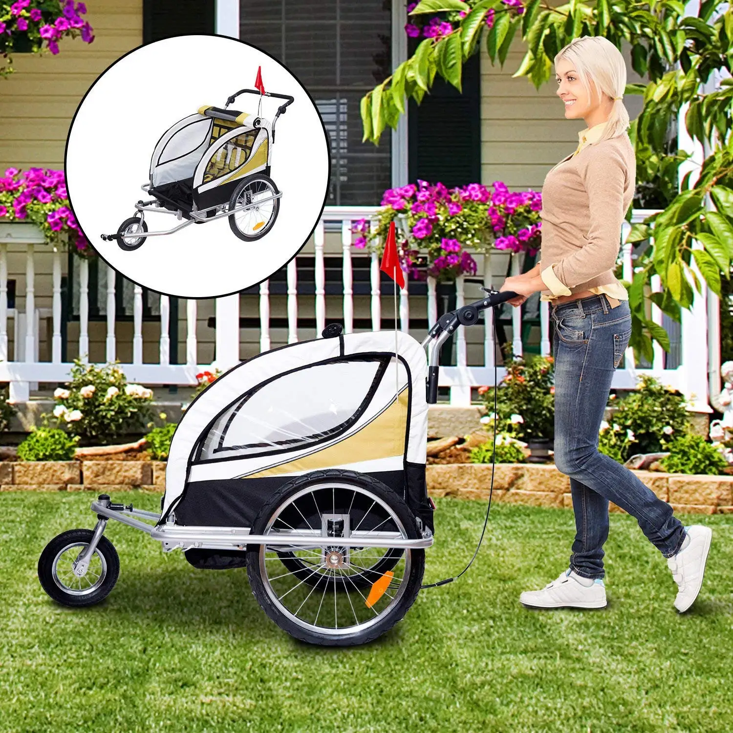 Outdoor Children Folding Stroller Kids Bicycle Trailer Travel Trailer Easy Folding Portable Baby Trolley