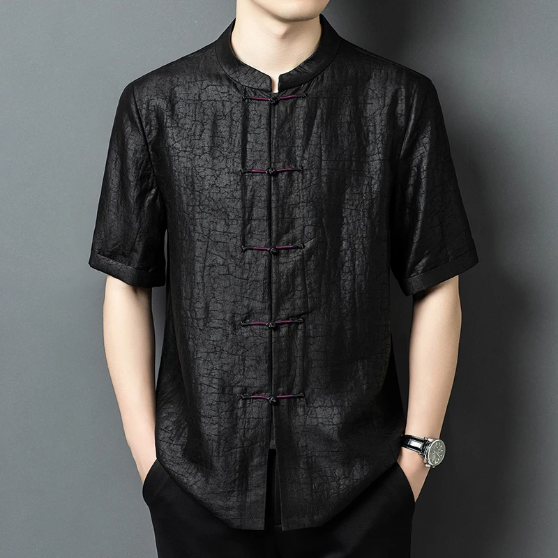 Premium Frog Button Shirts For Men Short Sleeve Oversize Classic Summer Quality Natural Silk 100% Tang Costume Camisas De Hombre