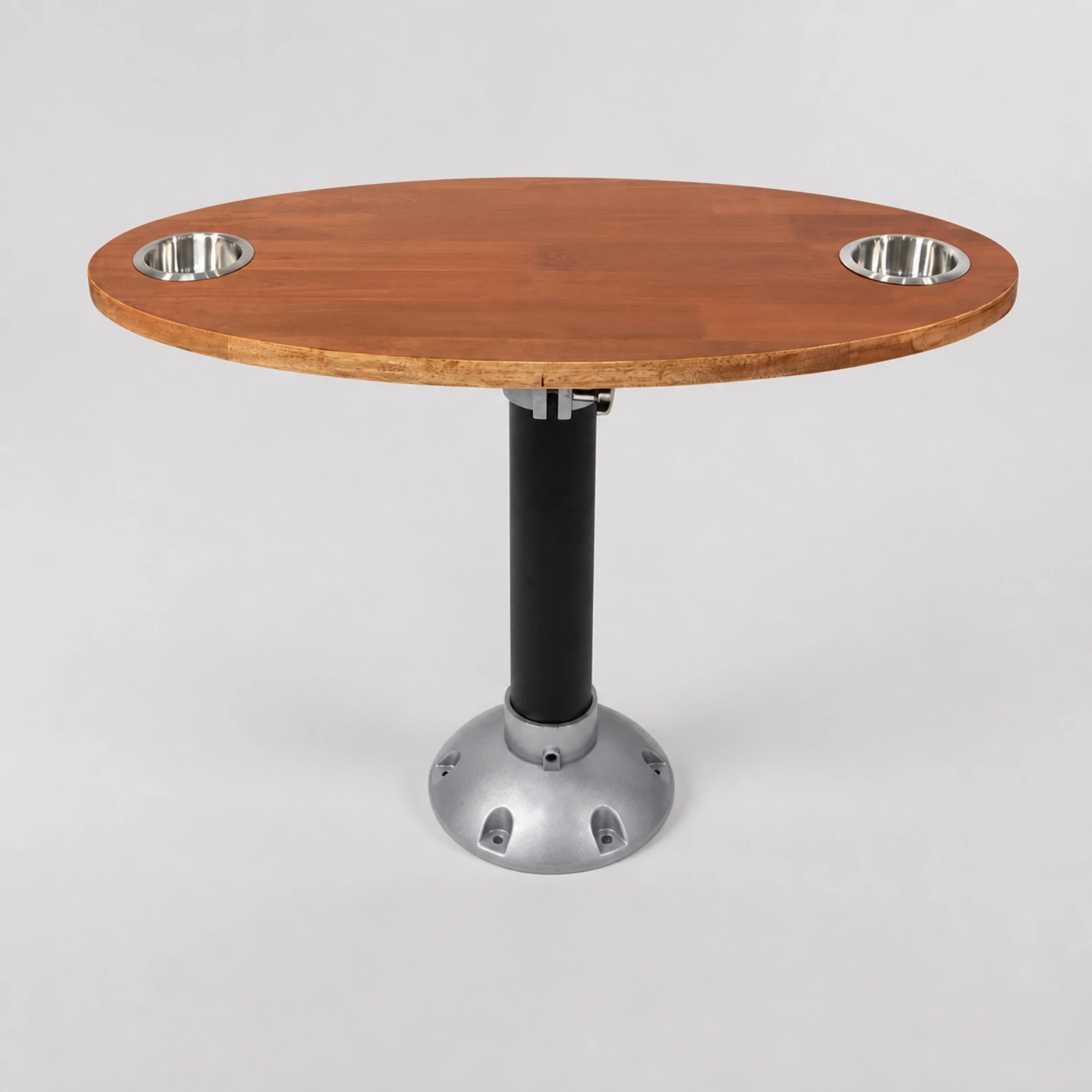 Oval Boat Tea Table with Detachable Top and Cup Holders Solid Wood Pedestal for Motorhome Deck Use