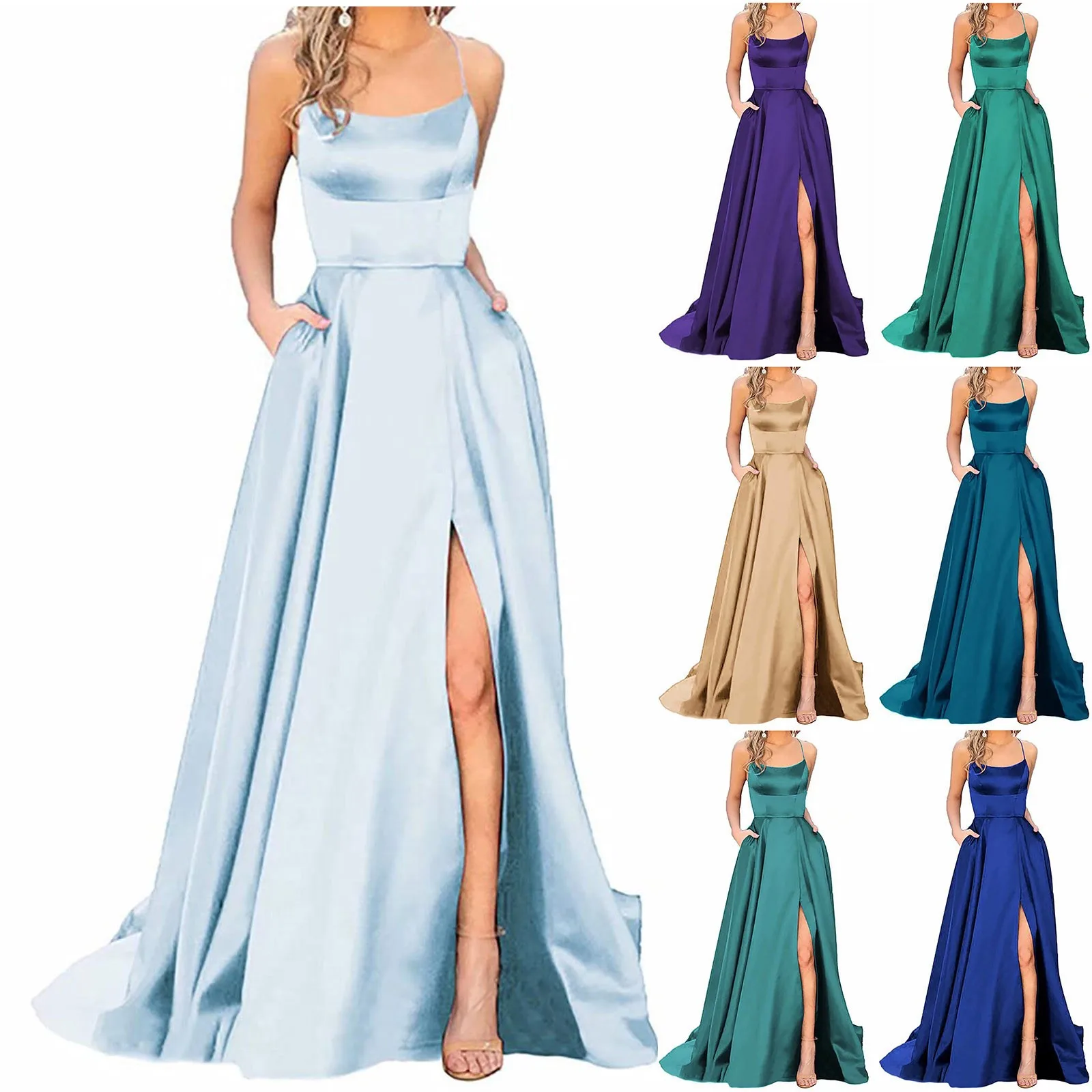 Evening Dress Women\'S Long Dresses  Backless Long Dresses Satin Strap Party  Dress Side Slit Wedding Pockets Dress Evening Dress