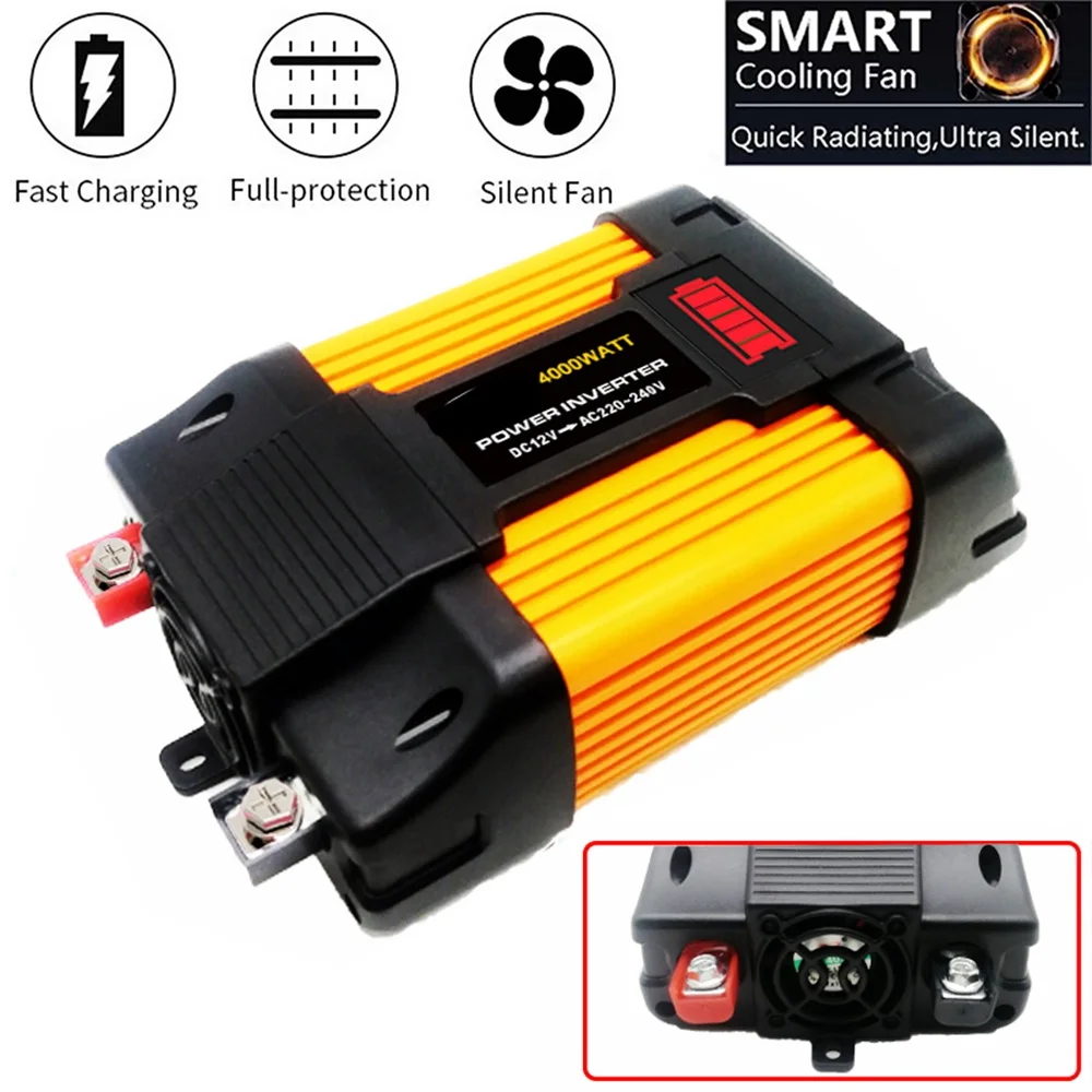 4000W Car Power Inverter DC 12V to AC 220V Modifiied Sine Wave Solar Converter with Dual USB Charger W/LED Battery Power