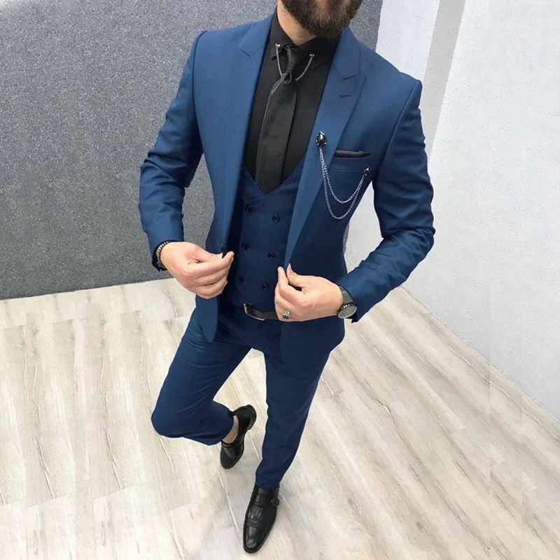 3 Piece Royal Blue Men Suits Peaked Lapel Custom Made Wedding Tuxedos Slim Fit… - Image 4