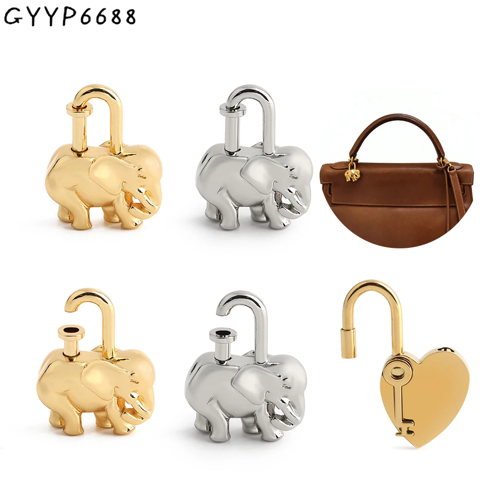 2/5/10PCS Elephant/Heart Shape Copper Luxury Bag Pendant Padlock For Woman Handbag Necklace Animal Metal Lock Charm Accessories