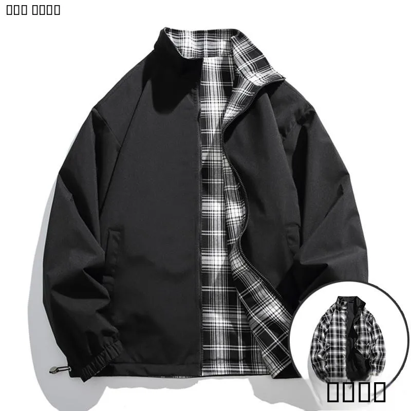 

Двусторонняя одежда в клетку, мужская весенне-осенняя куртка с воротником-стойкой, ветрозащитная повседневная модная верхняя одежда из полиэфирного волокна