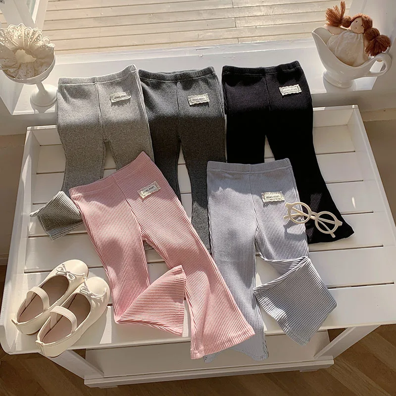 Girls' Solid Leggings Korean Style Stretch Pants Minimalist Flare Bottoms for Big Kids Girls Pants