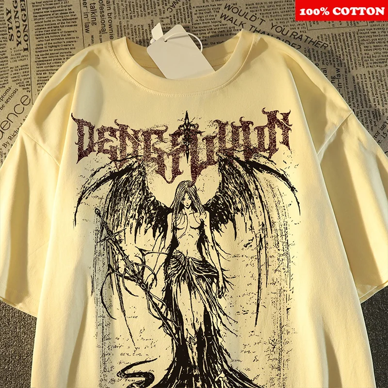 American Retro angel Print T-shirt Men's Summer 2025 New 100%Cotton Short sleeve Round neck T-shirt Y2k Top Street mens clothing