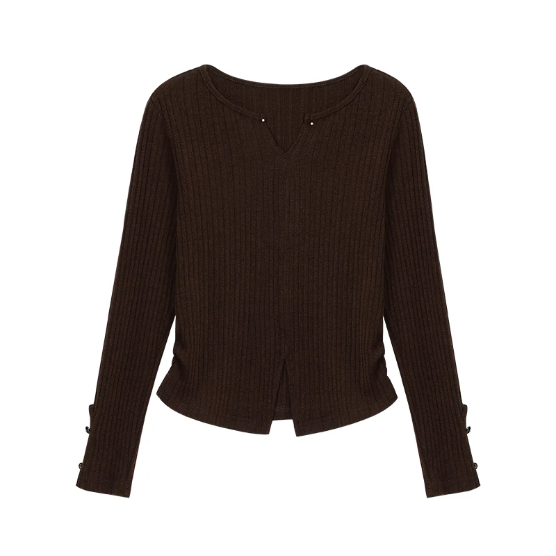 ALXNAN Plus Size Brown Pullover Women Long Sleeve V-neck Slit Sweater Cotton Slim-fit Elegant Casual Knitted Tops Female D12558