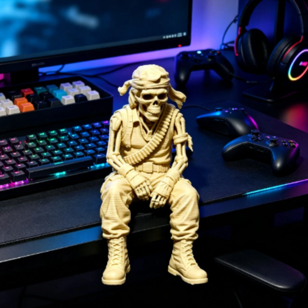 Gothic Seated Tactical Skeleton Soldier Statues 3D Printed Skeleton Warrior Mini Edge Hanging Figurine Shelf Desktop Decor Gifts